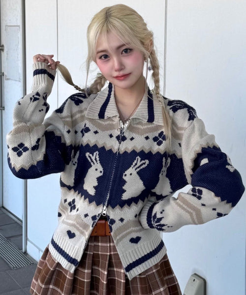 2-WAY BUNNY CROP ZIP-UP KNIT - 2 COLORS CREAM