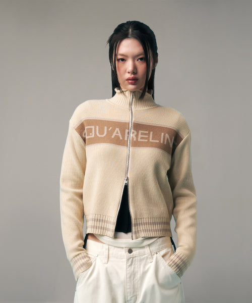 BASIC LOGO JACQUARD KNIT ZIP-UP BAG BEIGE