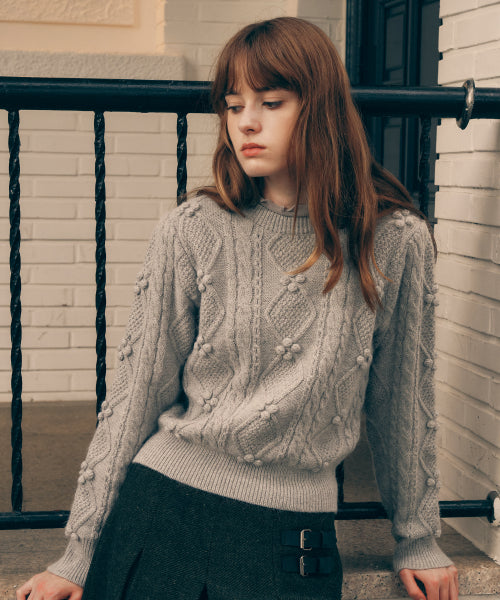 POMPOM CABLE KNIT - 3 COLORS GREY