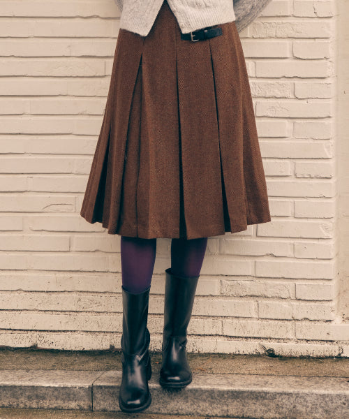 WOOL BLENDED PLEATS SKIRT - 2 COLORS BROWN