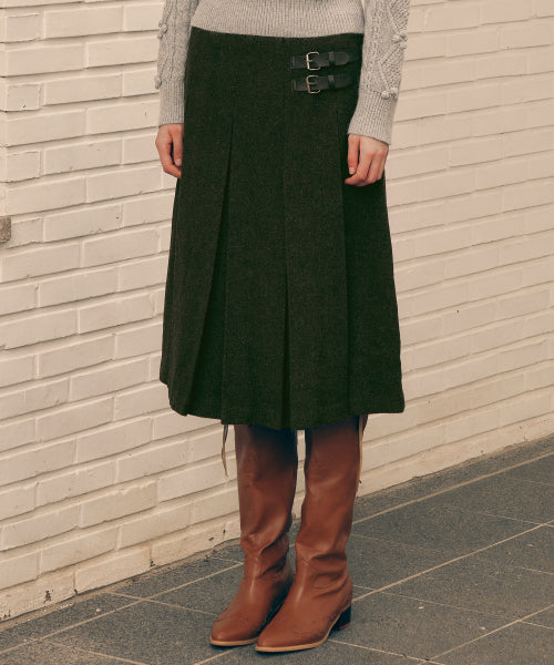 WOOL BLENDED PLEATS SKIRT - 2 COLORS KHAKI