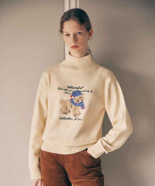 PUPPY JACQUARD HIGH NECK KNIT - 3 COLORS IVORY