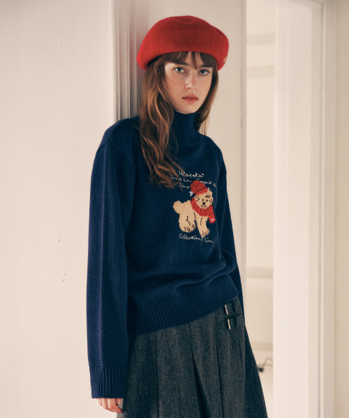 PUPPY JACQUARD HIGH NECK KNIT - 3 COLORS NAVY