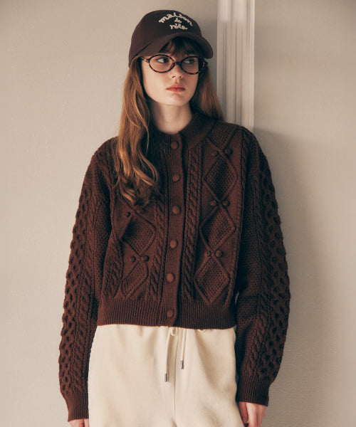 WOOL BUTTON CABLE CARDIGAN - 3 COLORS BROWN
