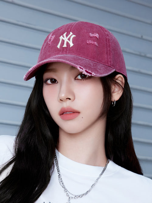 DAMAGE WASHED UNSTRUCTURED BALL CAP NY #KARINA同款! - 6 COLORS BURGUNDY