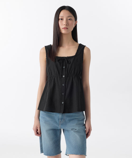 WOMENS VERTICAL TEXTURED BUTTON SLEEVELESS TOP #韓韶禧同款! - 4 COLORS BLACK