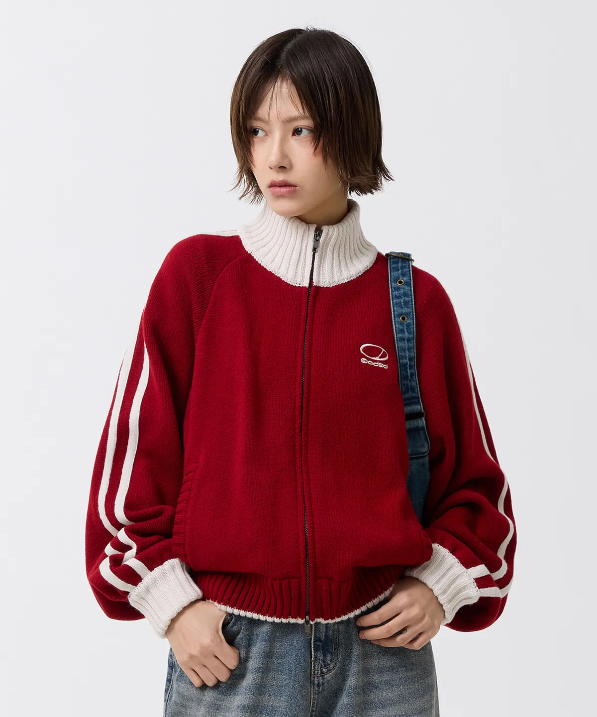 SPORTY TRACK SEMI-CROP KNIT ZIP-UP - RED