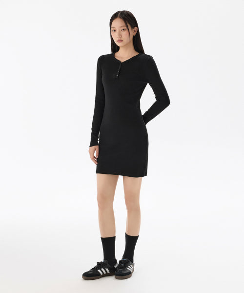 WOMENS RIBBED Y-NECK LONG SLEEVE MINI DRESS #韓韶禧同款! - 3 COLORS BLACK