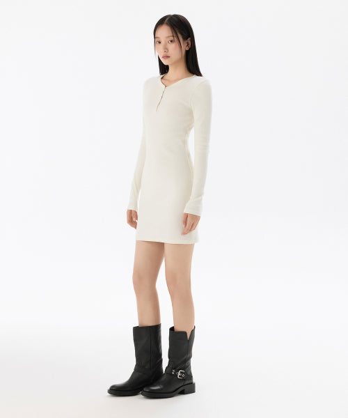 WOMENS RIBBED Y-NECK LONG SLEEVE MINI DRESS #韓韶禧同款! - 3 COLORS CREAM