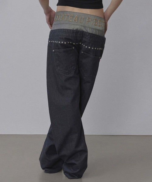 BEADED LAYERED DENIM PANTS NONFADE GREY