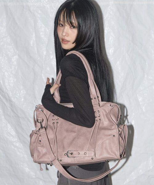 FANCY CLUB BELTED WASHED LEATHER BAG - 5 COLORS BABY PINK
