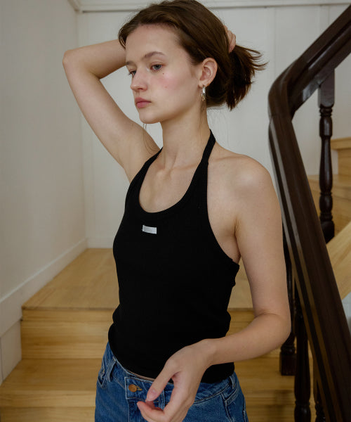 LETTER FROM MOON LETTERS LABEL HALTER TOP - 6 COLORS BLACK