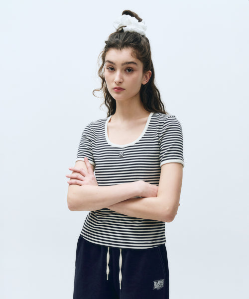 W DEEP NECK RINGER TEE - 4 COLORS NAVY