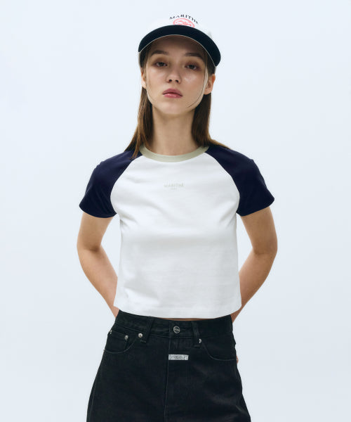 W 2 TONE RAGLAN CROP TEE - 2 COLORS NAVY