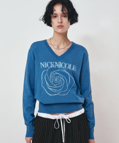 NICOLE ROSE JAQUARD PULLOVER KNIT #徐睿知同款! - 5 COLORS BLUE