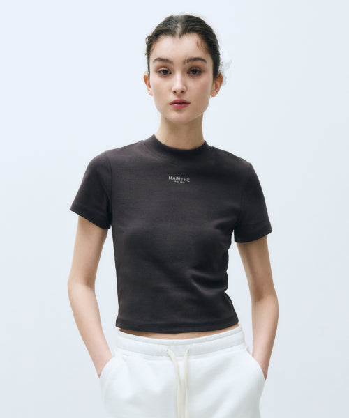 W MOCK NECK CROP TEE - 2 COLORS CHARCOAL