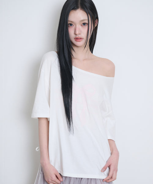 RIBBON SHIRRING OFF SHOULDER T-SHIRT - 3 COLORS WHITE