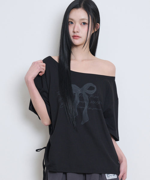 RIBBON SHIRRING OFF SHOULDER T-SHIRT - 3 COLORS BLACK