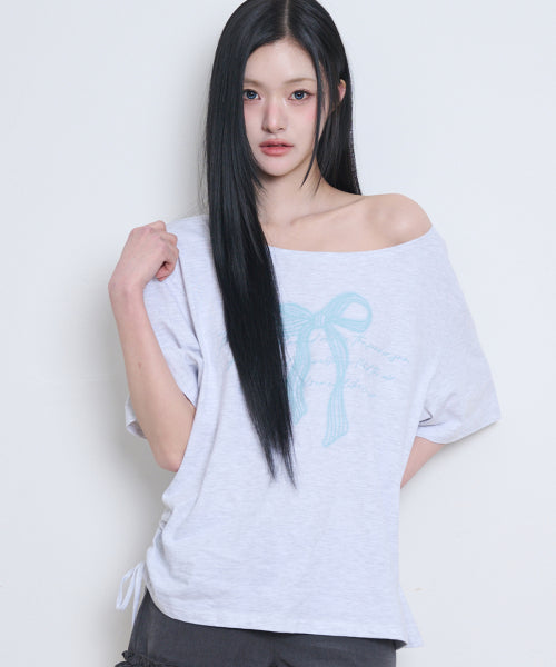 RIBBON SHIRRING OFF SHOULDER T-SHIRT - 3 COLORS MELANGE