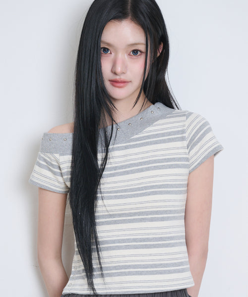 ONE SHOULDER STUD STRIPE TOP BLACK IVORY IVORY