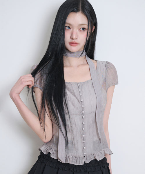 RIBBON SQUARE NECK BLOUSE GREY - 6 COLORS GREY