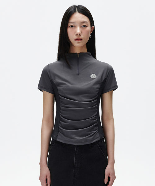 SHIRRING HALF ZIP UP JERSEY TEE - 2 COLORS CHARCOAL