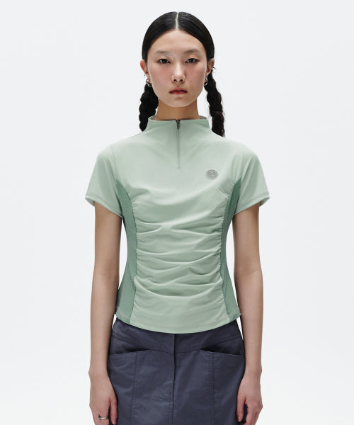 SHIRRING HALF ZIP UP JERSEY TEE - 2 COLORS GREEN