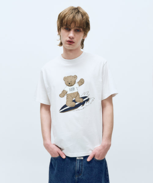 SURFING DOODLE BEAR TEE - 3 COLORS WHITE