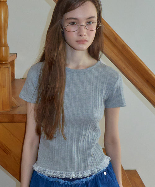 LACE FRILL SLIM CROP PLEATS T SHIRT - 3 COLORS GREY