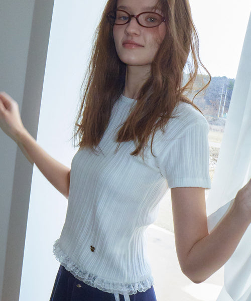 LACE FRILL SLIM CROP PLEATS T SHIRT - 3 COLORS WHITE