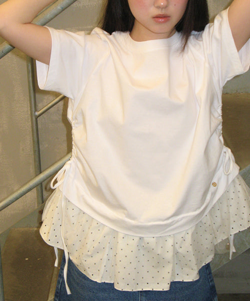 DOT MESH SHIRRING LAYERED LONG T SHIRT WHITE