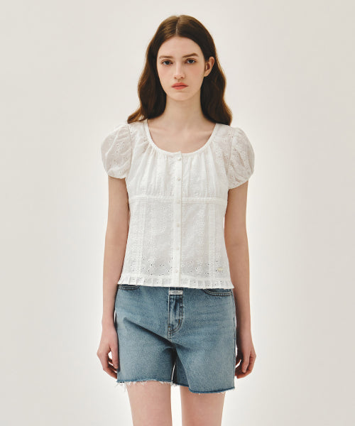 W PUFF SLEEVE LACE SHIRT - 3 COLORS WHITE