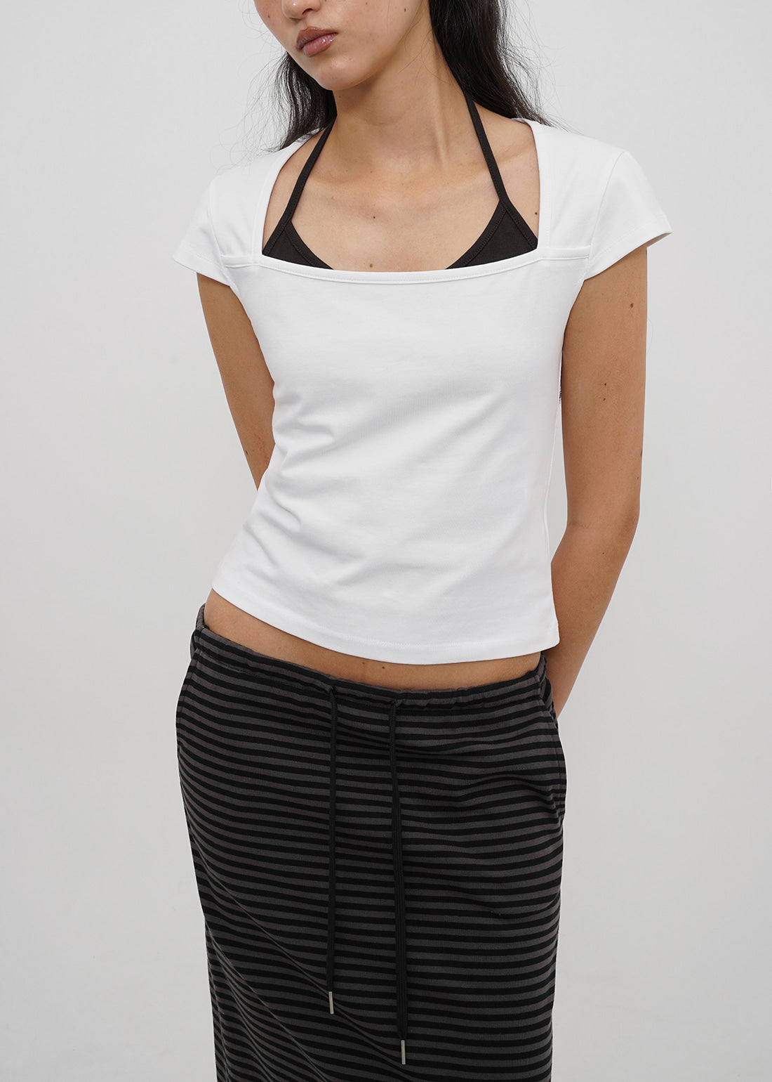 STRETCH COTTON SQUARE NECK CAP SLEEVE SHORT SLEEVE TEE 7