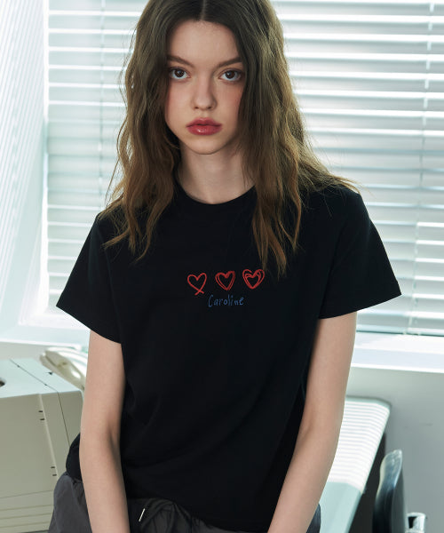 LINE EMBROIDERY CROP SHORT SLEEVE TEE - 2 COLORS BLACK