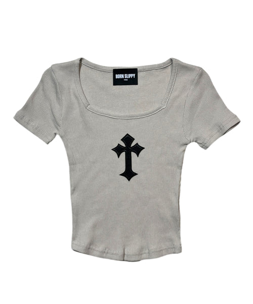 CROSS SQUARE NECK T-SHIRT - 8 COLORS BEIGE