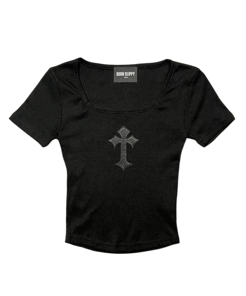 CROSS SQUARE NECK T-SHIRT - 8 COLORS BLACK