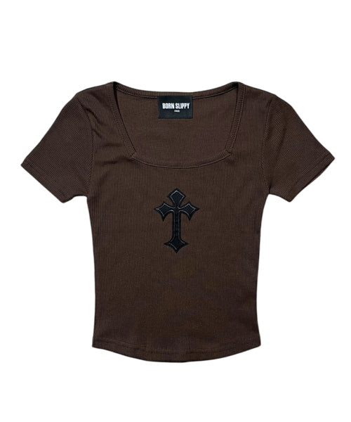 CROSS SQUARE NECK T-SHIRT - 8 COLORS BROWN