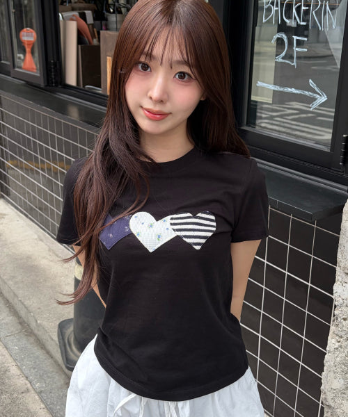 HEART PATCH COTTON T-SHIRT - 2 COLORS BLACK