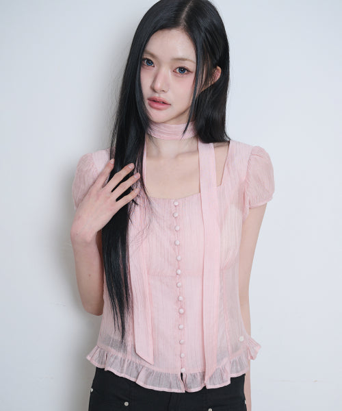 RIBBON SQUARE NECK BLOUSE GREY - 6 COLORS PINK