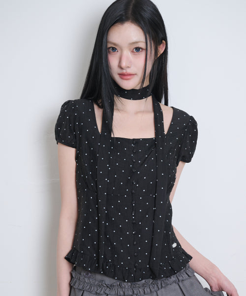 RIBBON SQUARE NECK BLOUSE GREY - 6 COLORS BLACK