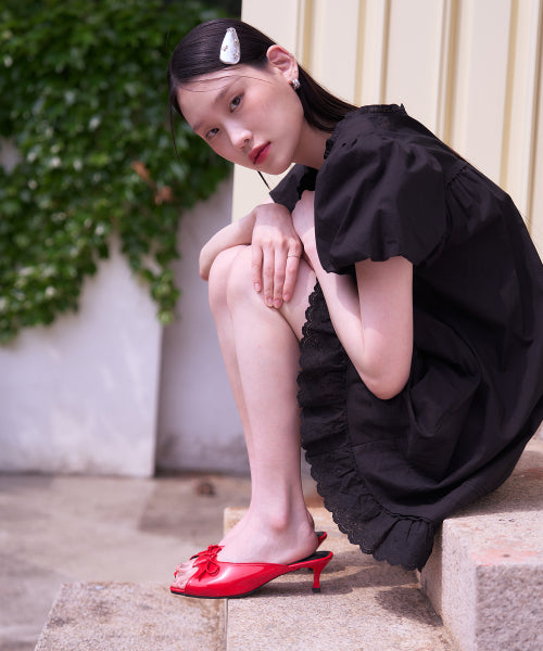 RIBBON MULE KITTEN HEEL RED