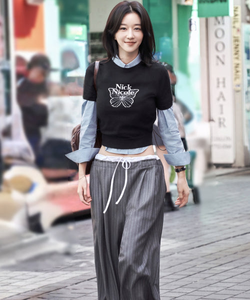 STRIPE LAYERED PINTUCK SLACKS #徐睿知同款! - 2 COLORS CHARCOAL