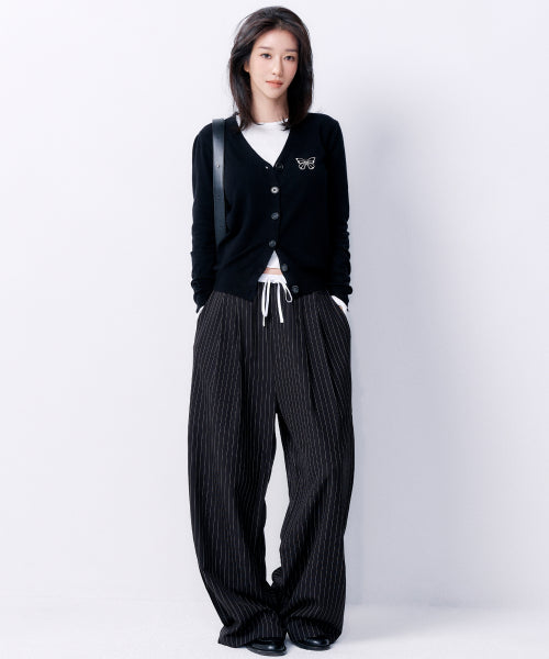 STRIPE LAYERED PINTUCK SLACKS #徐睿知同款! - 2 COLORS BLACK