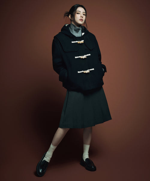 WOMENS WOOL BLEND SHORT DUFFLE COAT #韓韶禧同款! - 3 COLORS NAVY