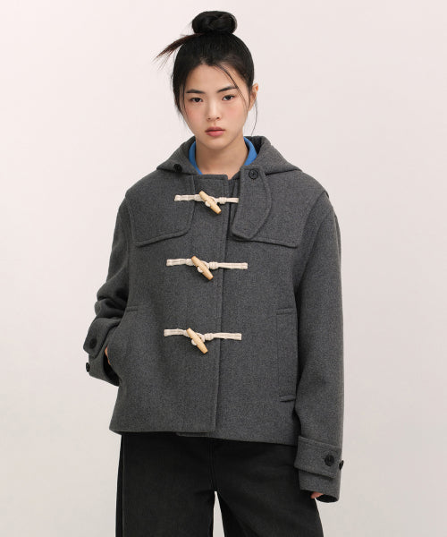 WOMENS WOOL BLEND SHORT DUFFLE COAT #韓韶禧同款! - 3 COLORS GREY