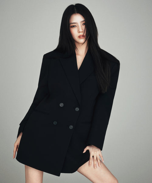 WOMENS DOUBLE BREASTED LONG BLAZER #韓韶禧同款! - 2 COLORS BLACK