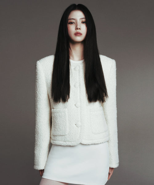 WOMENS WOOL BLEND BOUCLE TWEED JACKET #韓韶禧同款! - 3 COLORS CREAM