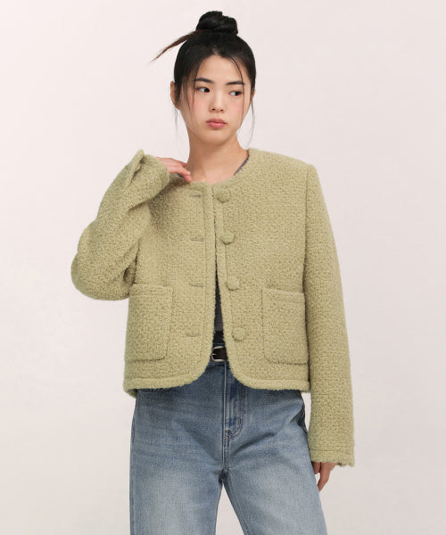 WOMENS WOOL BLEND BOUCLE TWEED JACKET #韓韶禧同款! - 3 COLORS KHAKI