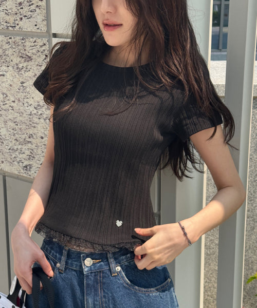 LACE FRILL SLIM CROP PLEATS T SHIRT - 3 COLORS BLACK