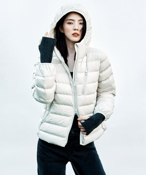WOMENS HOODED LIGHT DOWN JACKET #韓韶禧同款! - 6 COLORS WHITE